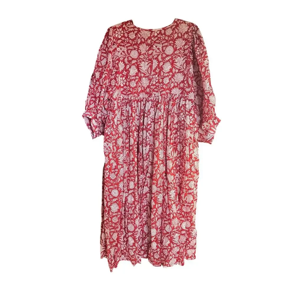 DAUGHTERS OF INDIA NWT Kyra Midi Dress Saffron Red Sz XL Block Print 100% Cotton - Picture 11 of 14